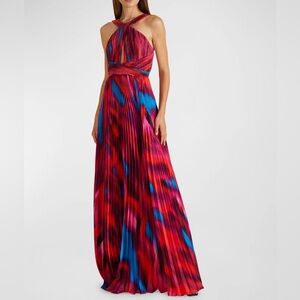 AMUR Pleated, Open Back, Halter, Red and Blue Maxi Dress NWT